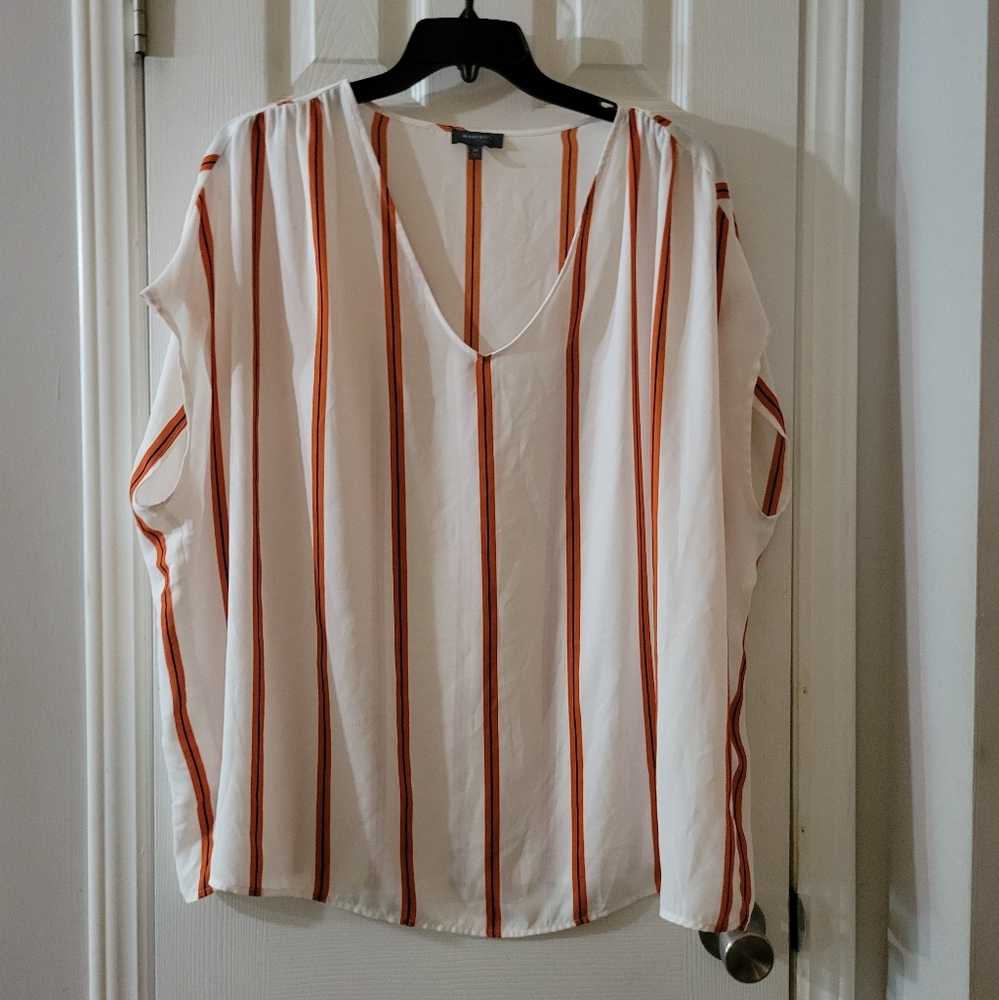 Madison V-Neck Blouse with White and Orange Stripes